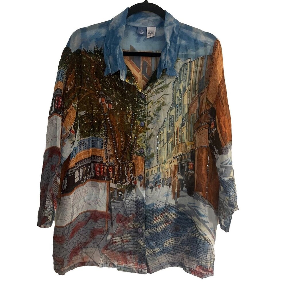 Half Moon Bay Rayon Large Art Print Button-Up Shirt With Beaded Details Made In